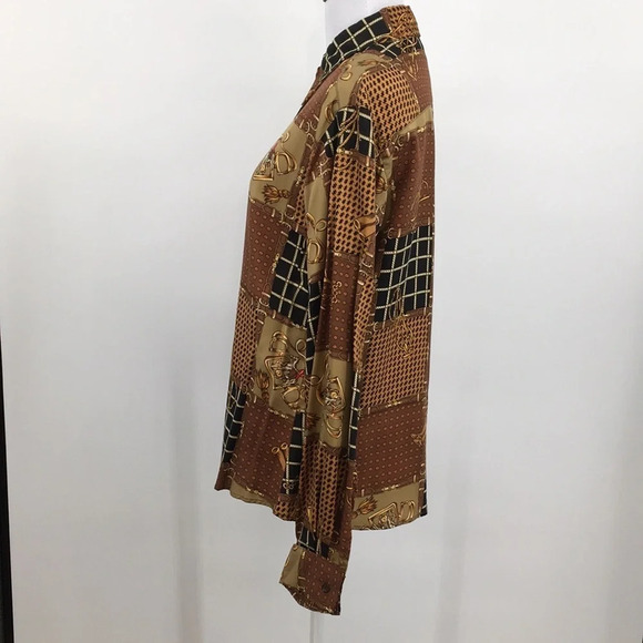 British Khaki Shirt Womens 10 Tan Brown Patchwork‎ Print Button Up Equestrian - Picture 4 of 13